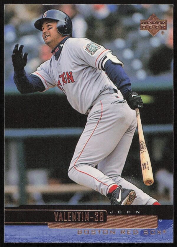 John Valentin 2000 Upper Deck Baseball Card #64, Boston Red Sox infielder, dynamic pose.