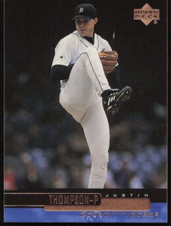 Detroit Tigers pitcher Justin Thompson mid-pitch on 2000 Upper Deck baseball card #113.
