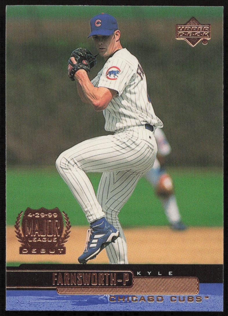 2000 Upper Deck Kyle Farnsworth baseball card front, Chicago Cubs jersey, mid-action photo.