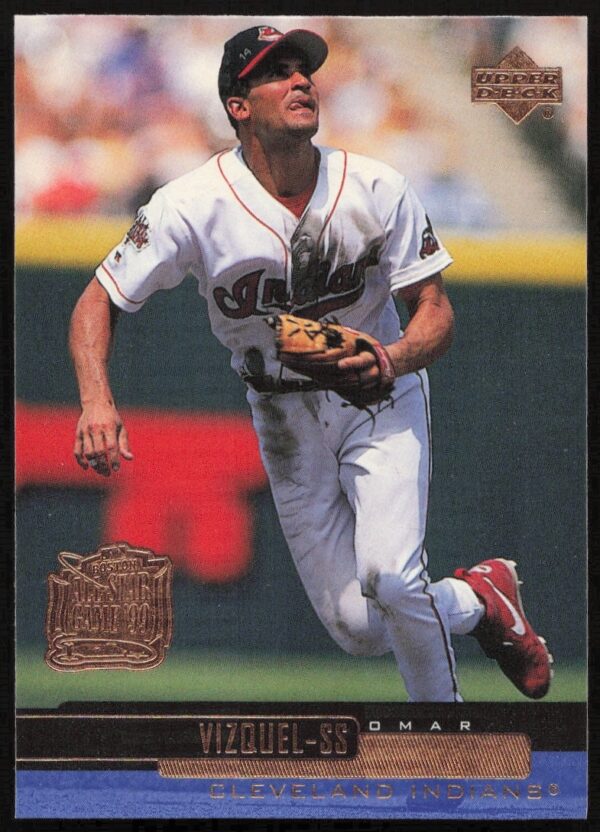 Omar Vizquel 2000 Upper Deck baseball card showcasing his defensive skills in Cleveland Indians uniform.