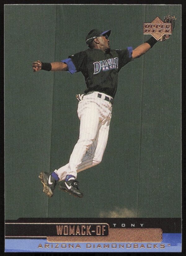Front view of 2000 Upper Deck Tony Womack baseball card, showcasing player in action.