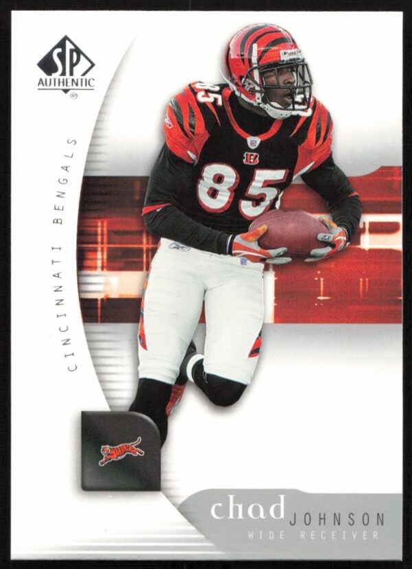 Chad Johnson 2005 Upper Deck SP Authentic football card, #19, showing an action shot in Bengals uniform.