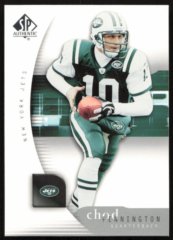 2005 Upper Deck SP Authentic Chad Pennington football card front showing Jets quarterback in action.