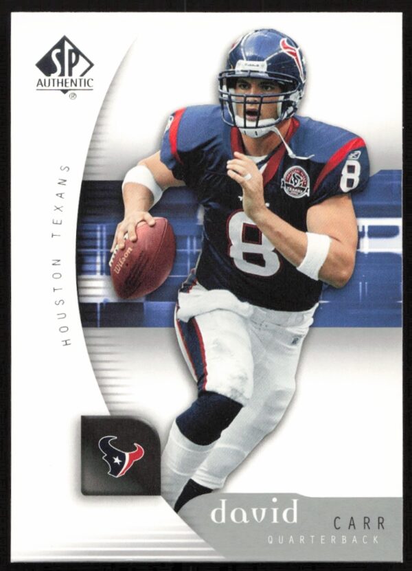 David Carr SP Authentic 2005 Football Card #33, Houston Texans, in-game action shot.