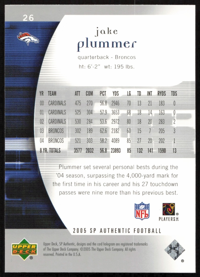 Back of 2005 SP Authentic Jake Plummer card with career stats and achievements.
