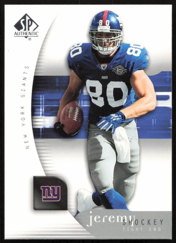 2005 SP Authentic card featuring Jeremy Shockey, NFL star in Giants uniform, card #57.