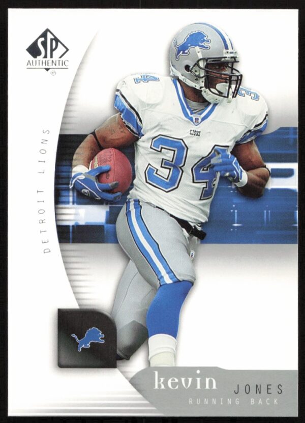 2005 SP Authentic Football Card featuring Kevin Jones #28 in Detroit Lions uniform.