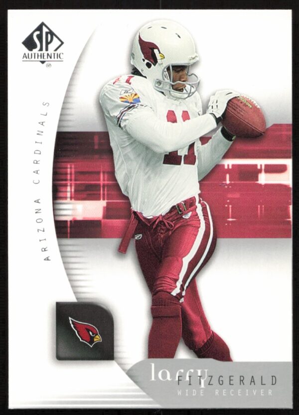 Front view of 2005 SP Authentic Larry Fitzgerald trading card, Arizona Cardinals wide receiver.