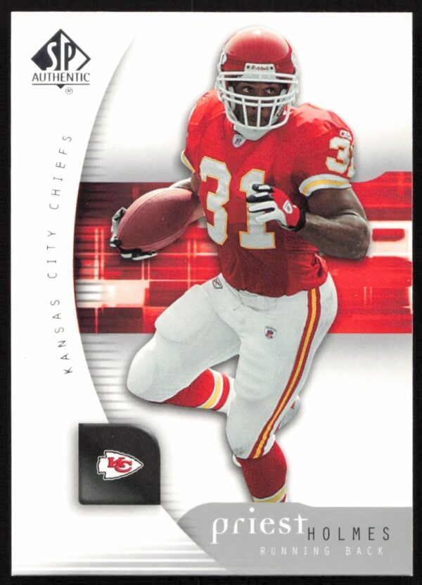 2005 Upper Deck SP Authentic Priest Holmes Card #42 showcasing Kansas City Chiefs running back.