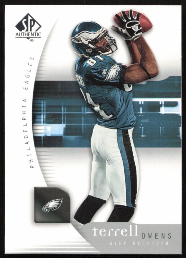 Front view of 2005 Terrell Owens SP Authentic card #67, featuring Eagles jersey and logo.