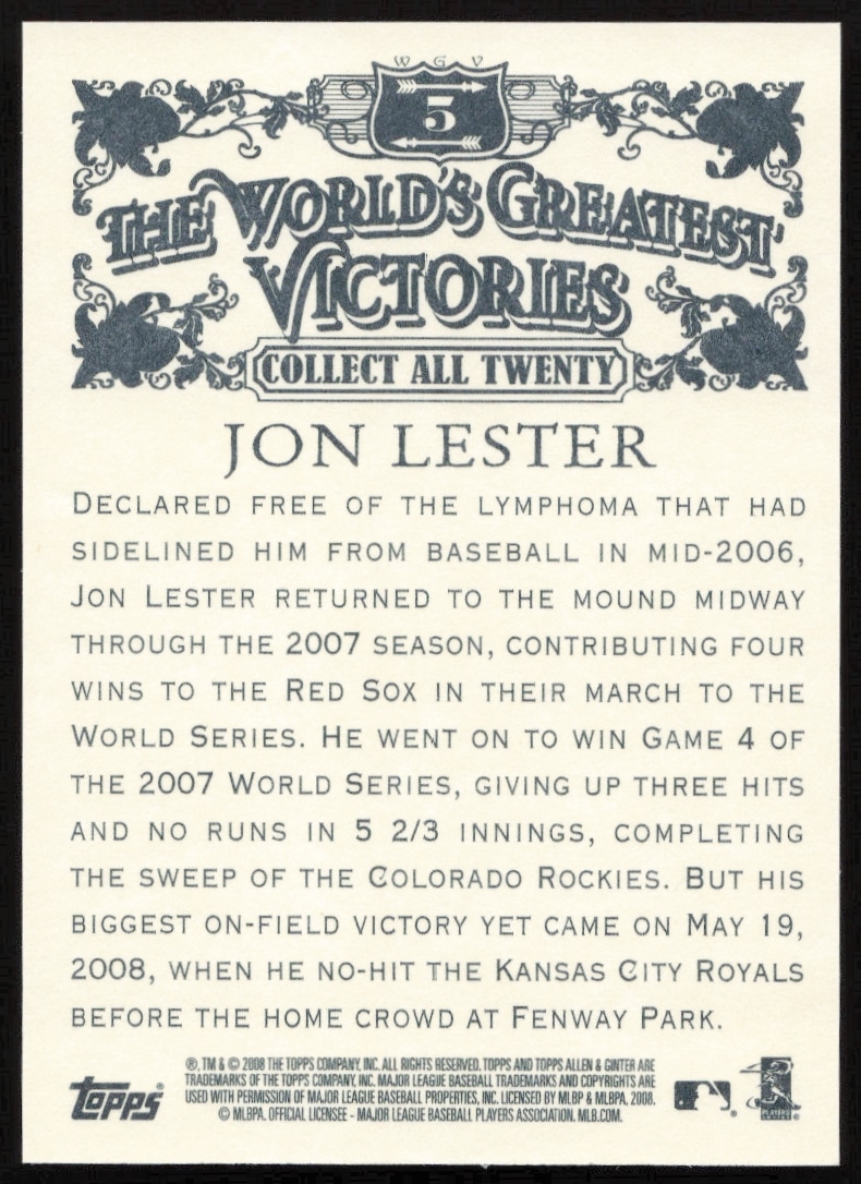Back of 2008 Topps Allen & Ginter card highlighting Jon Lesters no-hitter achievements.