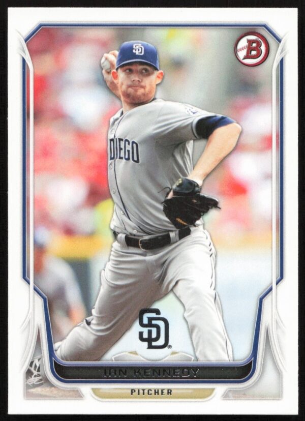 Ian Kennedy pitching in 2014 Bowman card #7, San Diego Padres uniform.