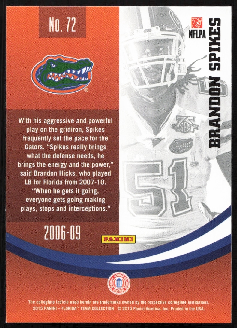 Back of 2015 Panini Florida Gators card featuring Brandon Spikes, showcasing college achievements.