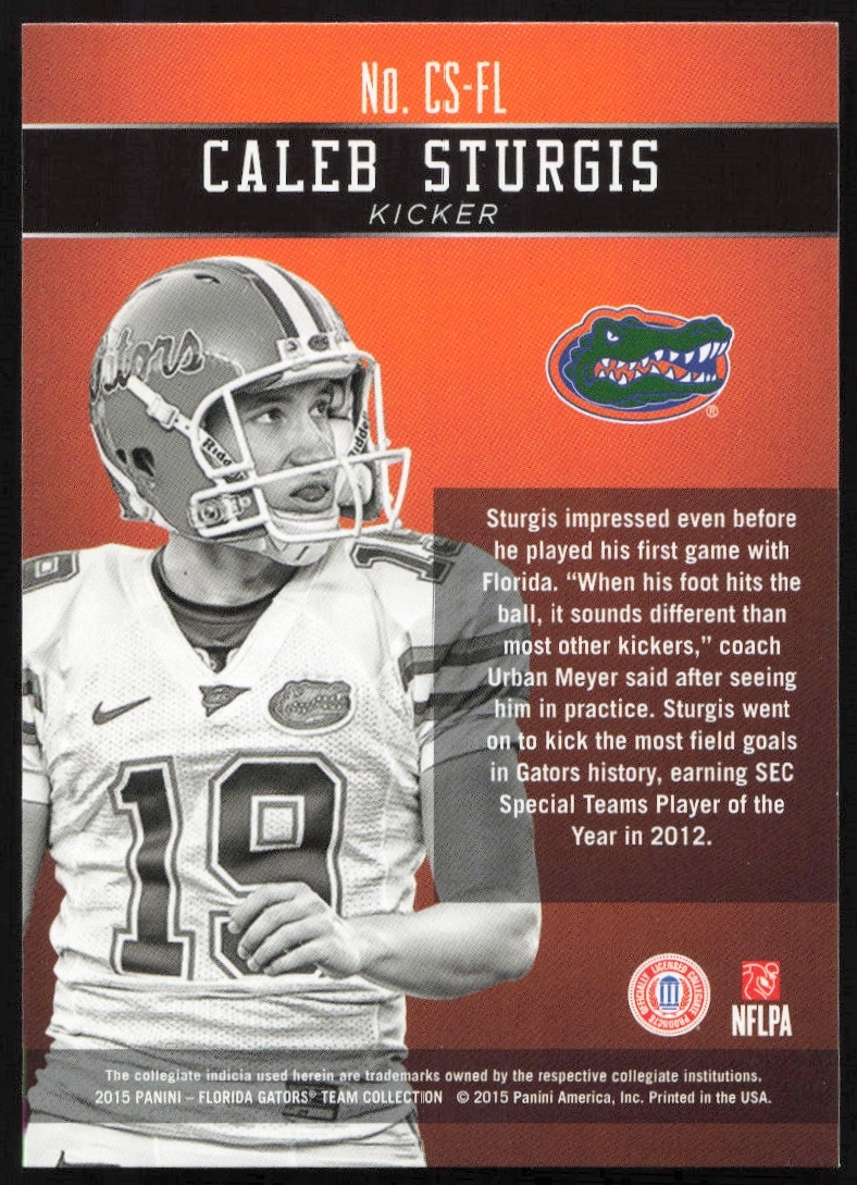 Caleb Sturgis 2015 Florida Gators Honors Card Back, showcasing college football achievements.