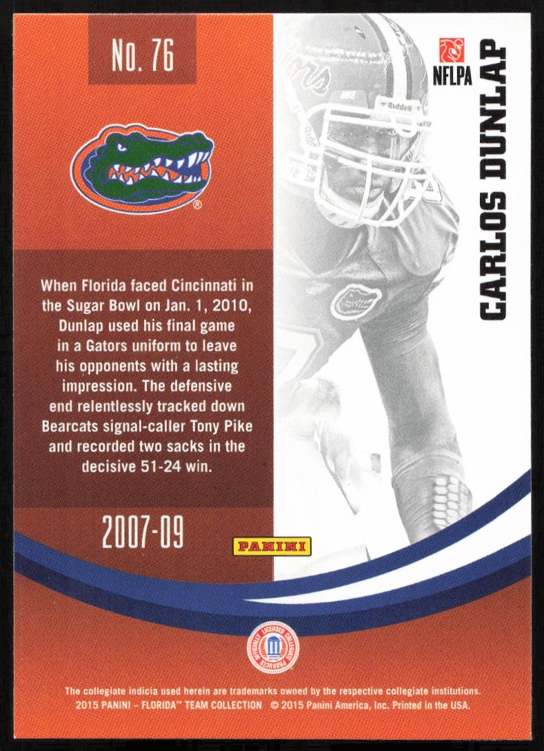 Back of 2015 Panini Florida Gators Carlos Dunlar card, featuring stats and player profile.
