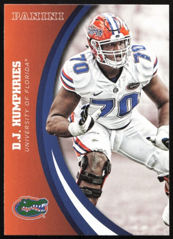 2015 Panini trading card featuring D.J. Humphries, Florida Gators, card #12, showcasing his athletic prowess.