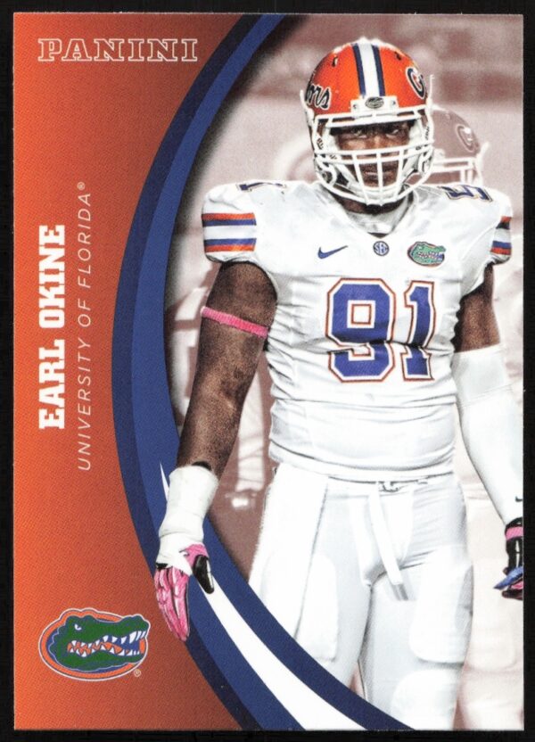 Earl Okine 2015 Panini Card #16, Florida Gators Defensive End, in Uniform.