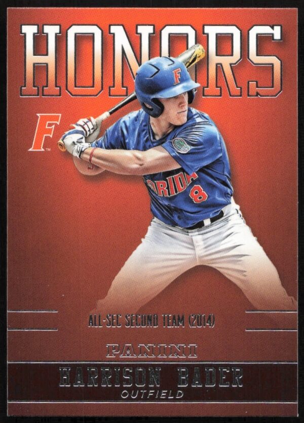 Harrison Bader 2015 Florida Gators Panini card showing achievements and image in team attire.