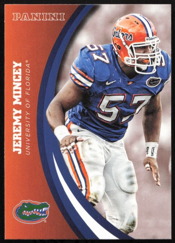 Jeremy Mincey 2015 Florida Gators Panini Card #26 featuring dynamic pose.