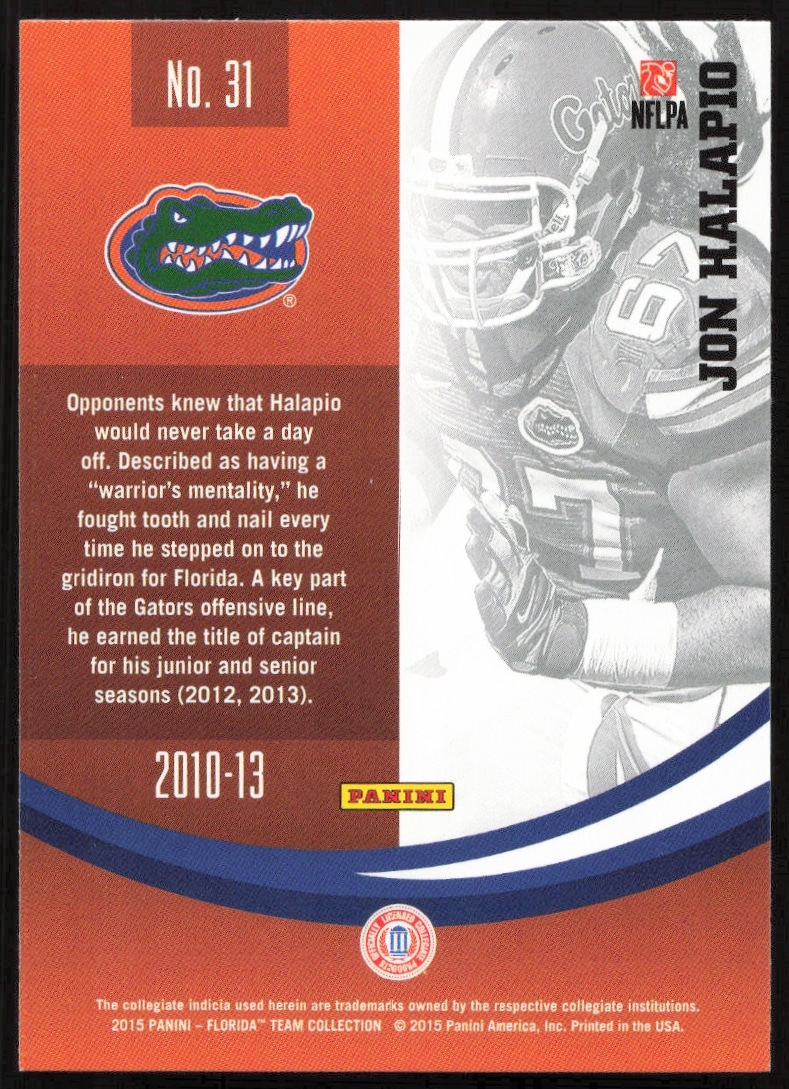 Back of 2015 Panini Florida Gators Jon Halapio trading card #31 with stats and highlights.