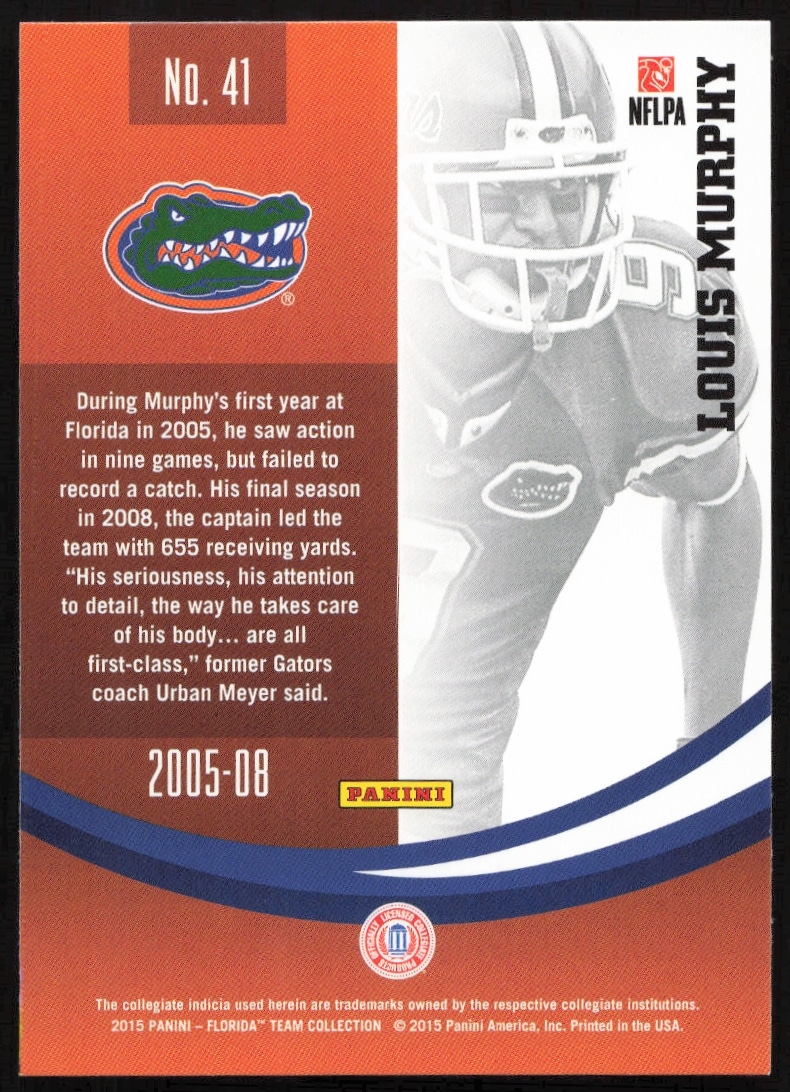 2015 Panini Florida Gators card back featuring Louis Murphy, card #41 with stats and bio.
