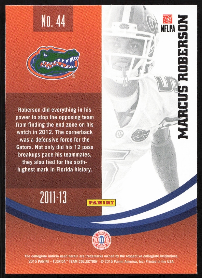 Back of 2015 Panini card #44 featuring Florida Gators Marcus Robersons stats and career highlights.