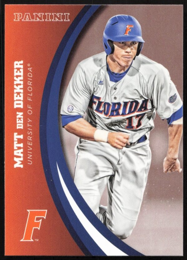 2015 Florida Gators Panini Card: Matt Den Dekker #73 in Action (Front).
