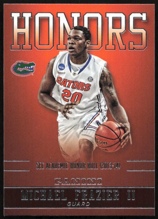 2015 Florida Gators card with Michael Frazier II in jersey, focused in action.