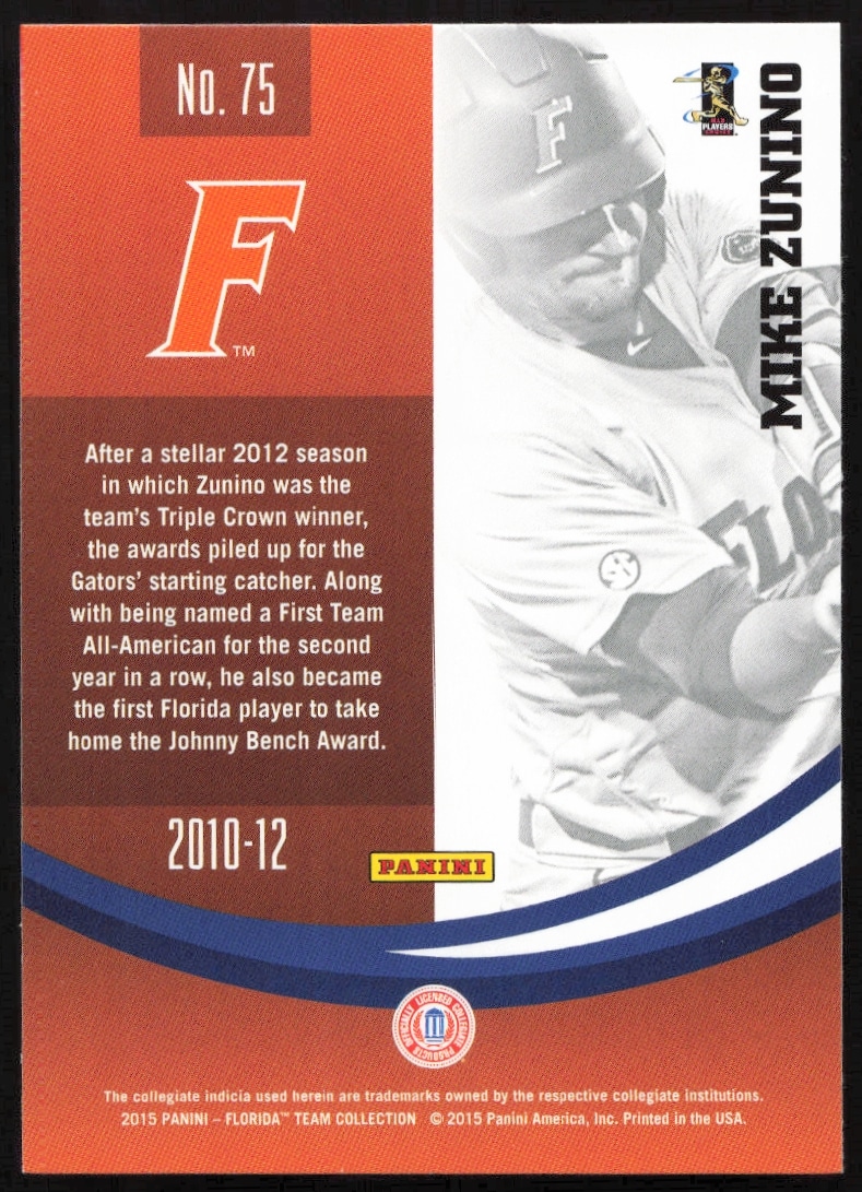 Back of 2015 Florida Gators Mike Zunino card #75 featuring stats and bio.