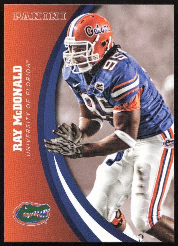 2015 Panini card of Florida Gators Ray McDonald, showcasing action pose in team uniform.
