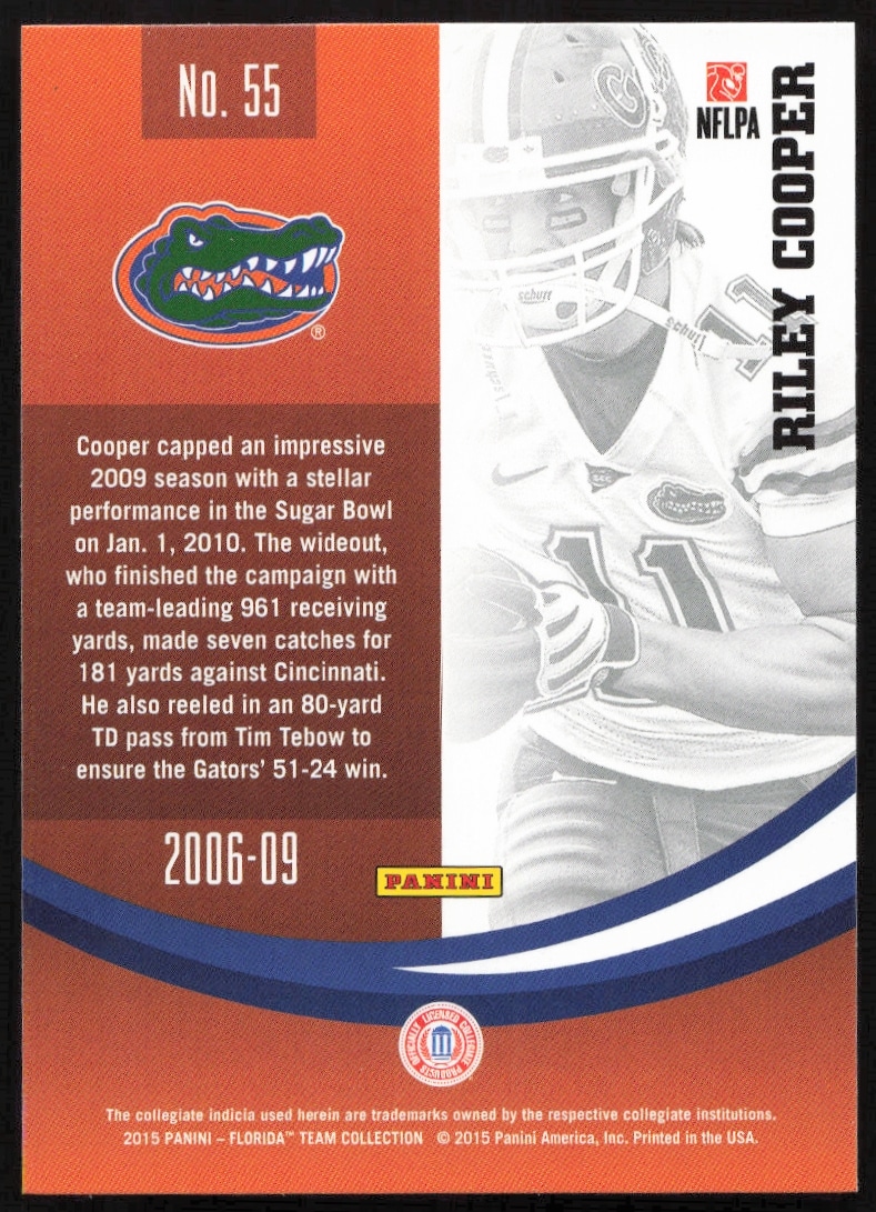 Back of 2015 Panini trading card for Florida Gators. Riley Cooper #55 profile and stats.
