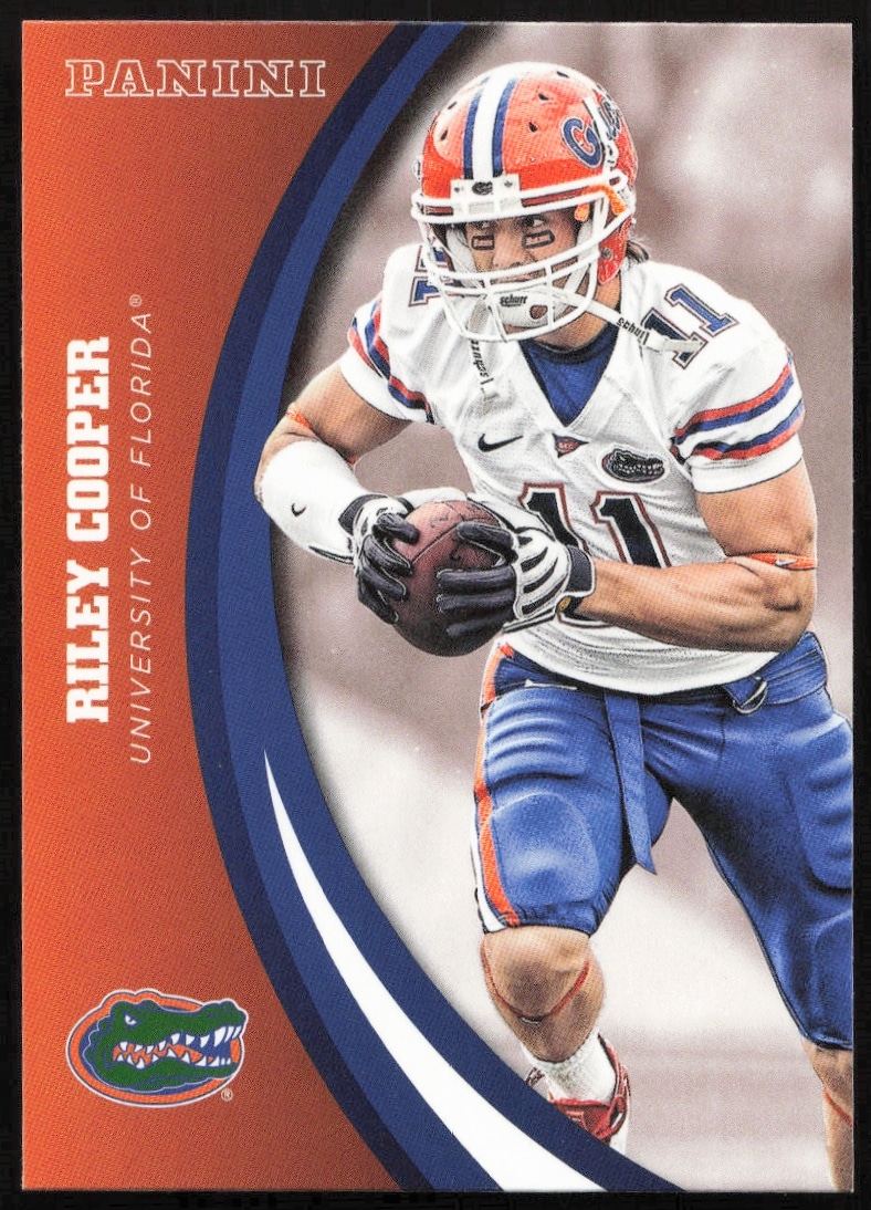 Front of 2015 Panini card featuring Riley Cooper, Florida Gators, #55, in college football action.