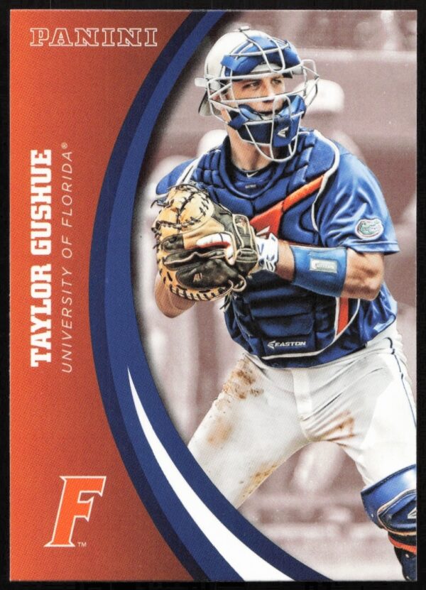 Front of 2015 Panini card featuring Taylor Gushue, Florida Gators, #82, college baseball player.