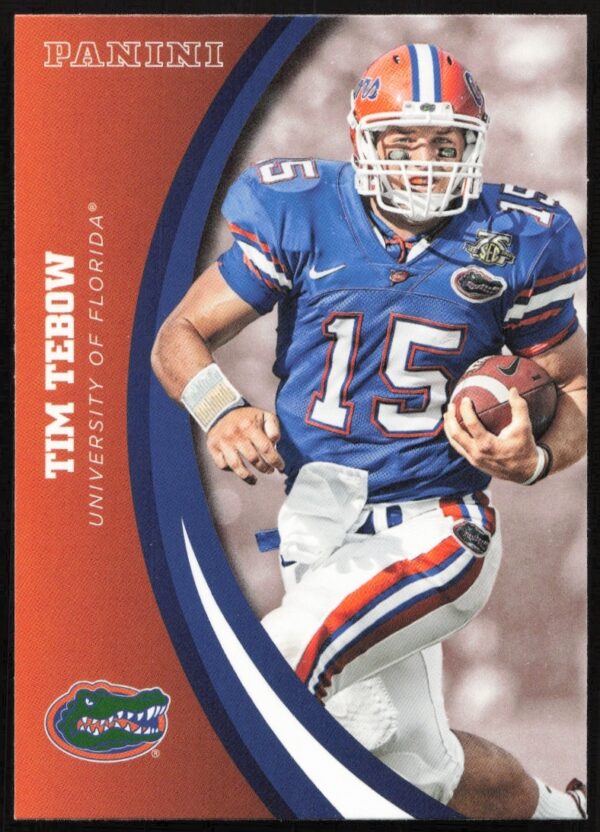 Tim Tebow 2015 Panini Card #59, Florida Gators, dynamic action pose front view.