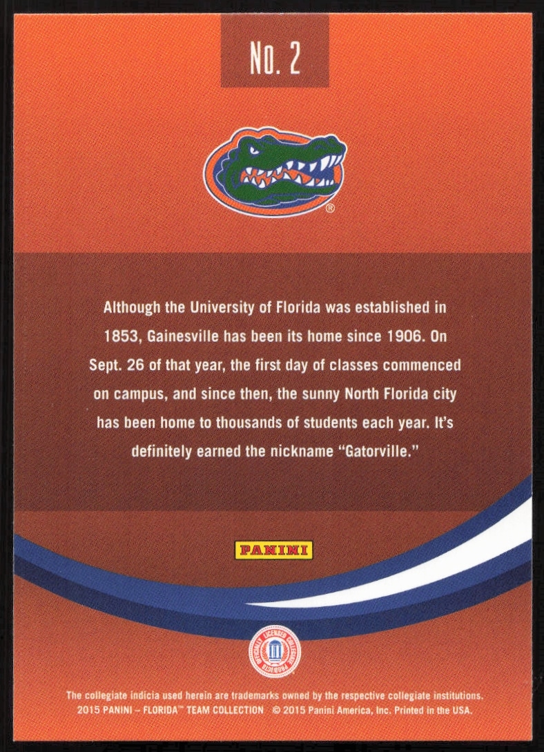 Back of 2015 Florida Gators Panini Card #2 featuring player stats and Gators logo.