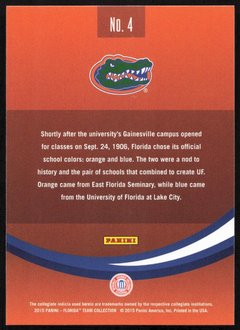 Back of 2015 Panini Florida Gators card showcasing team stats, colors, and logo.