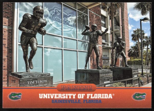 Front of 2015 Panini Florida Gators card featuring mascot and logo. Ideal for collectors.