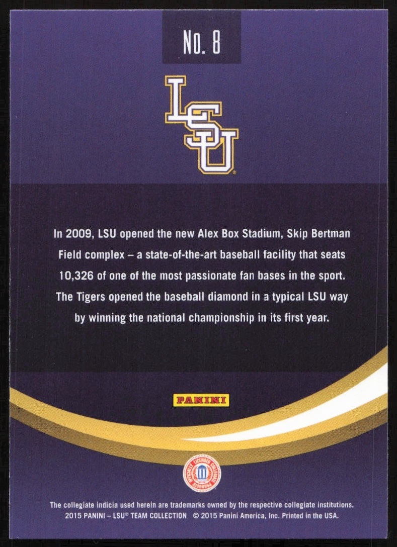 2015 Panini sports card featuring back of LSU Tigers Alex Box Stadium, Skip Bertman Field.