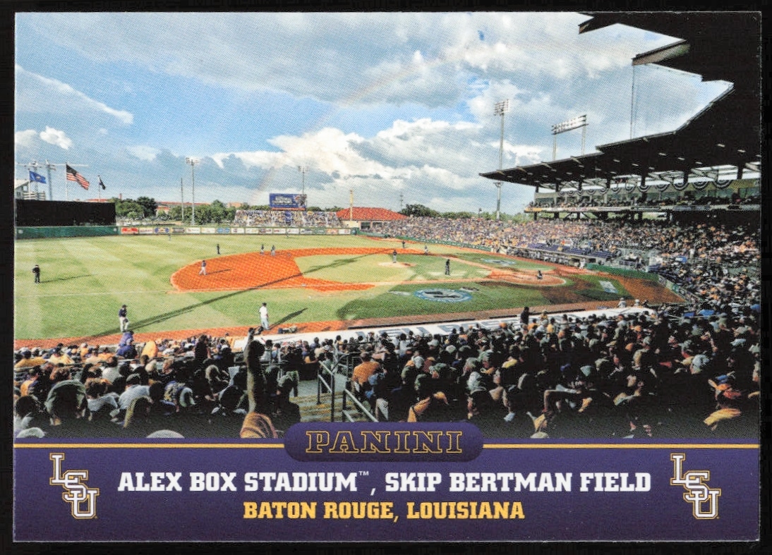 2015 LSU Tigers card featuring Alex Box Stadium, Skip Bertman Field, vibrant sports venue image.