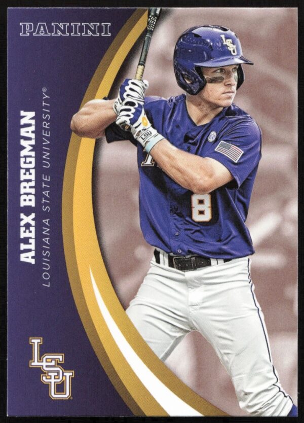 Front of 2015 Panini card featuring Alex Bregman in LSU Tigers baseball uniform.