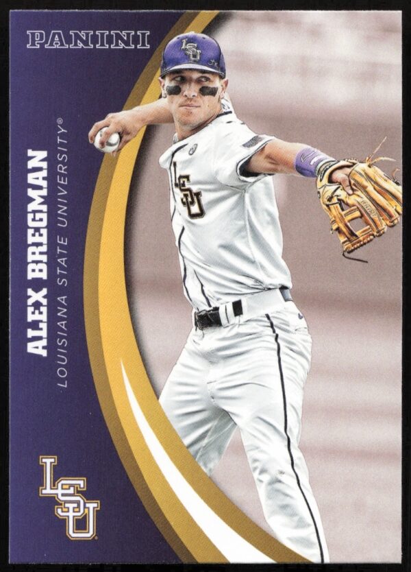 Front of 2015 Panini LSU Tigers card featuring Alex Bregman in team uniform.
