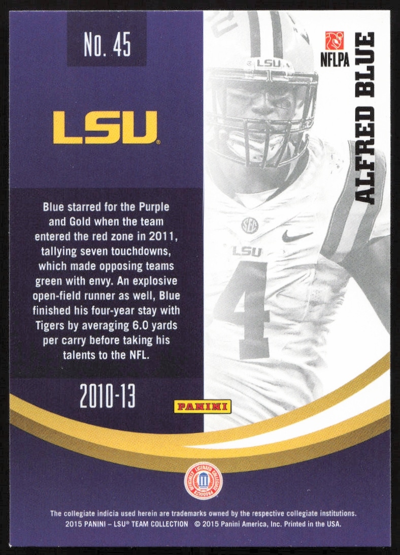 Back of 2015 Panini LSU Tigers card, Alfred Blue #45, detailing his college football career.
