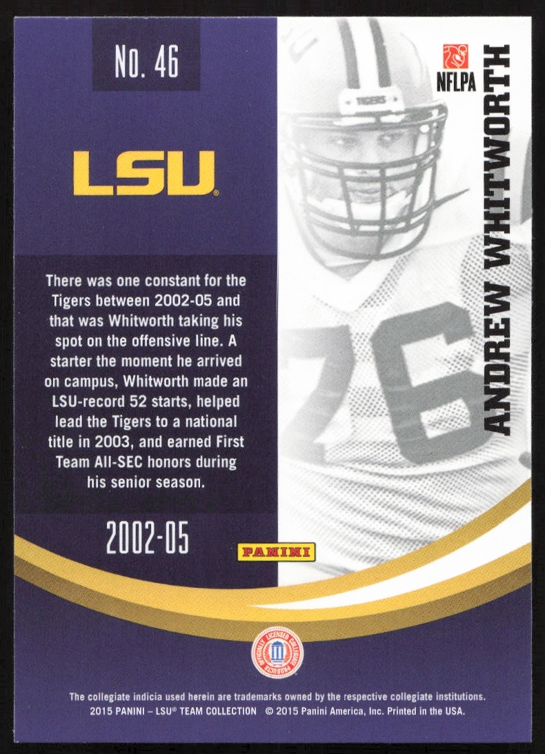 Andrew Whitworth 2015 Panini LSU Tigers trading card back, highlights and stats included.