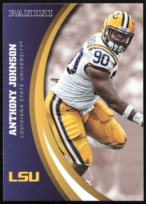 2015 Anthony Johnson LSU Tigers football card #51, vivid athletic imagery, dynamic background.