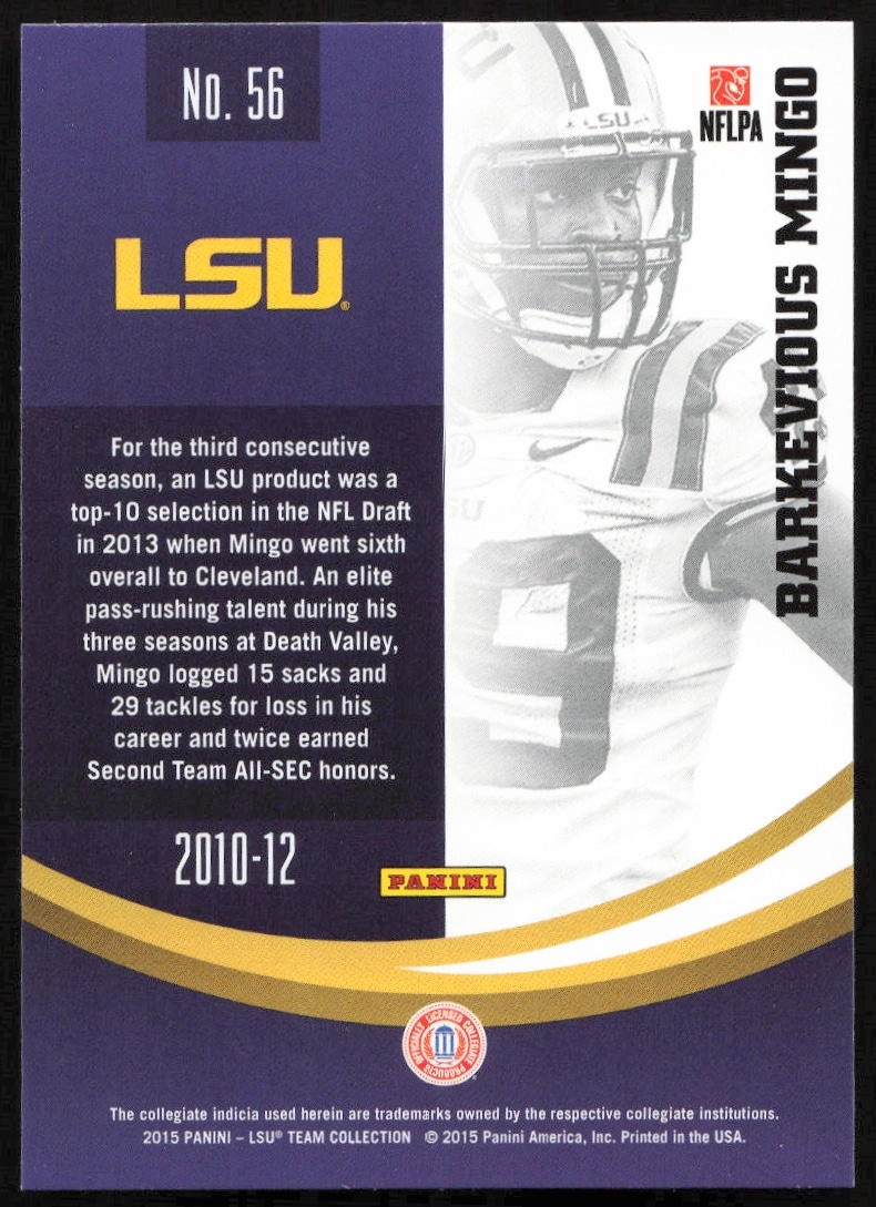 Barkevious Mingo 2015 Panini LSU Tigers Card Back, showcasing college stats and achievements.