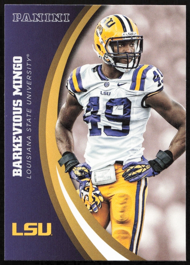 Barkevious Mingo 2015 Panini LSU Tigers card #56, showcasing athletic stance and dynamic presence.