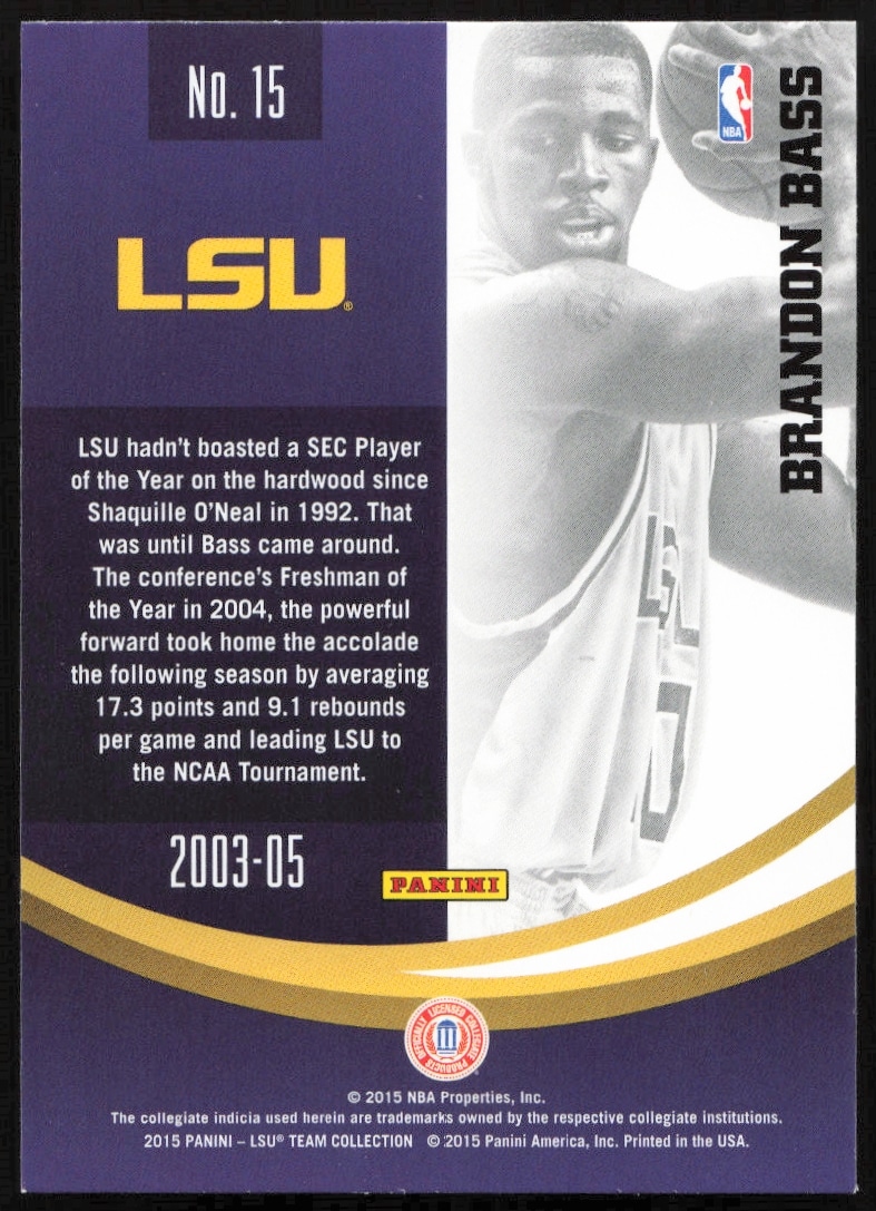 2015 Panini LSU Tigers card showcasing Brandon Basss college basketball achievements and stats.