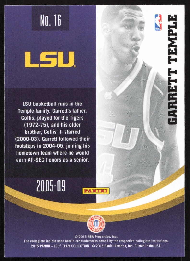 Back of 2015 Panini card showcasing Garrett Temples LSU Tigers career details and achievements.
