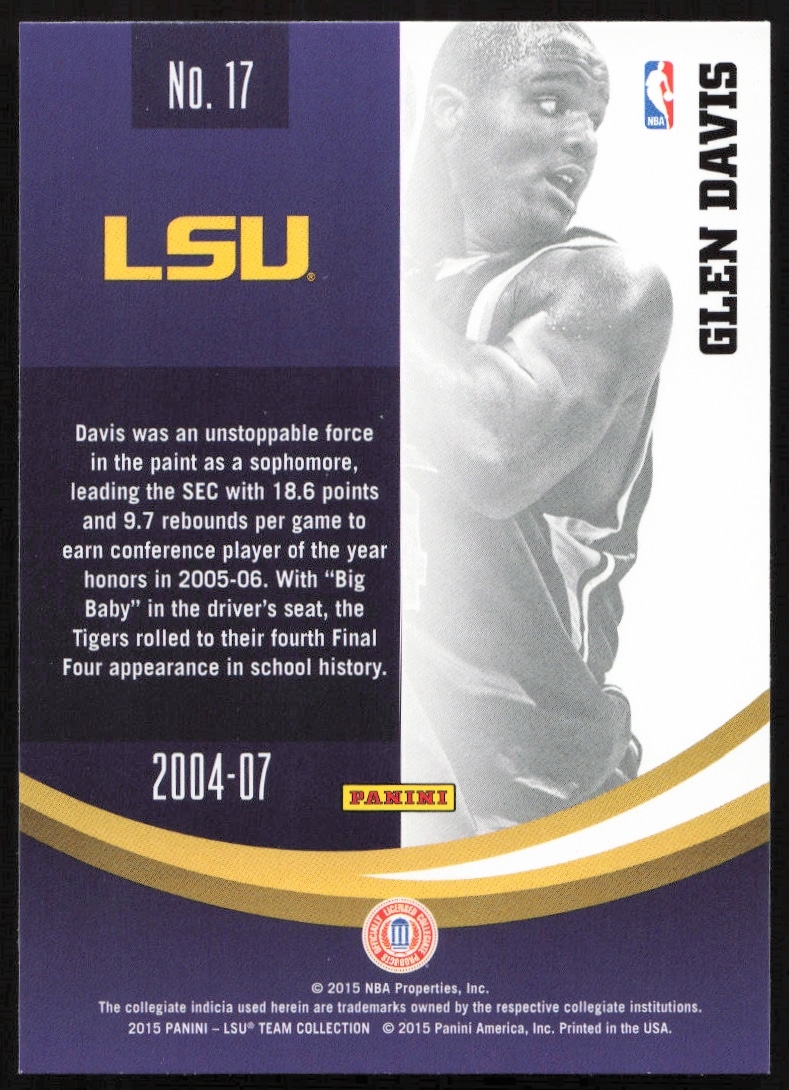 Back of 2015 Panini card featuring Glen Davis, LSU Tigers, with stats and career highlights.