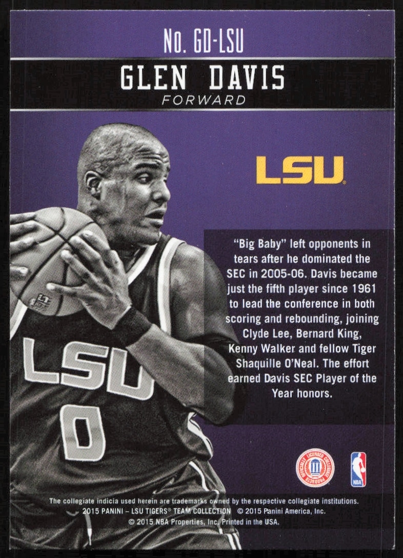 Back of 2015 Panini LSU Tigers Glen Davis card with career highlights and achievements.